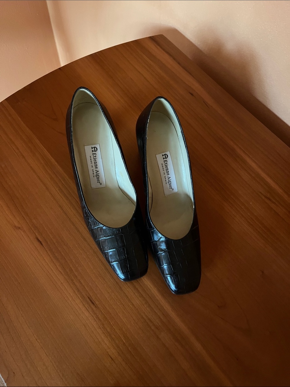 Etienne Aigner Black Croc-Embossed Square-Toe Pumps